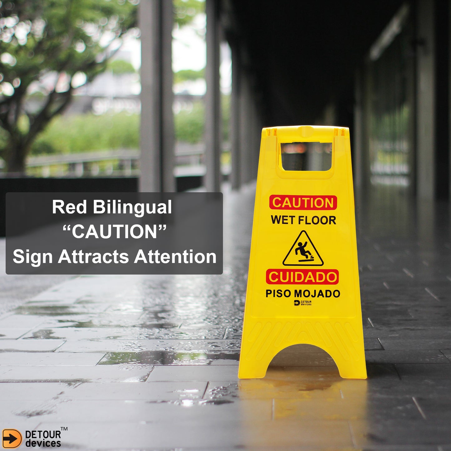 'Caution Wet Floor' Sign - High Visibility Yellow, Bilingual Double-Sided Text with Graphics