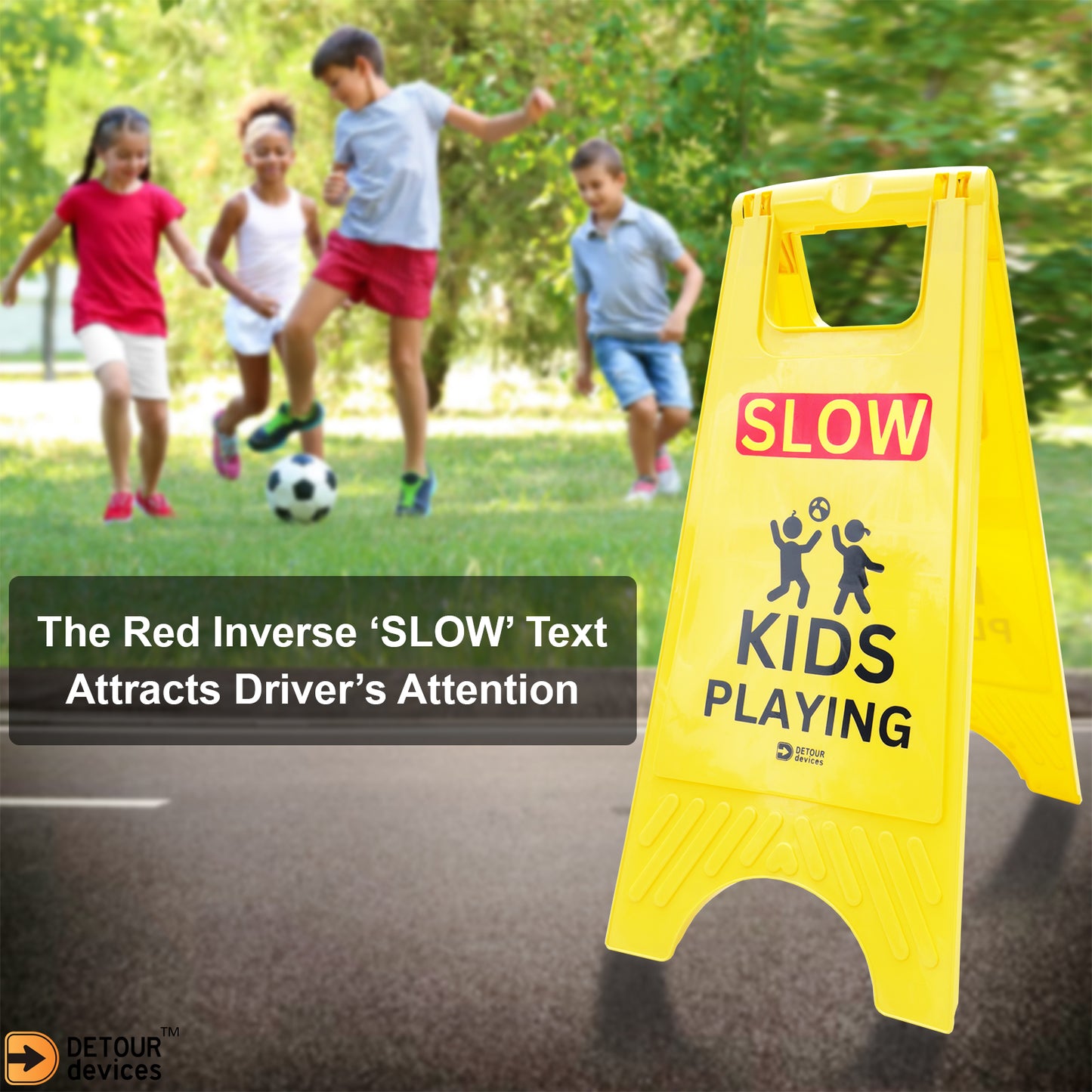 'SLOW Kids Playing' Sign for Street - High Visibility Yellow, Double-Sided Text with Graphics