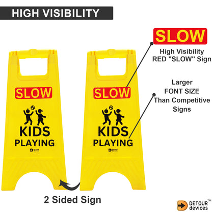 'SLOW Kids Playing' Sign for Street - High Visibility Yellow, Double-Sided Text with Graphics