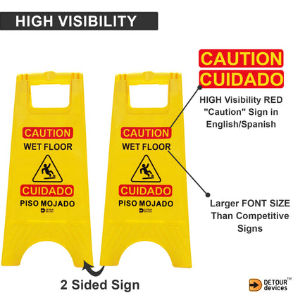 'Caution Wet Floor' Sign - High Visibility Yellow, Bilingual Double-Sided Text with Graphics