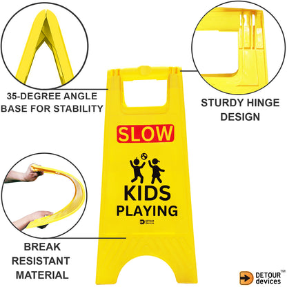 'SLOW Kids Playing' Sign for Street - High Visibility Yellow, Double-Sided Text with Graphics