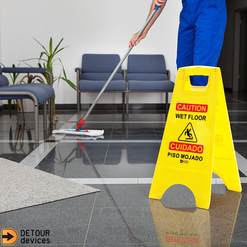 'Caution Wet Floor' Sign - High Visibility Yellow, Bilingual Double-Sided Text with Graphics