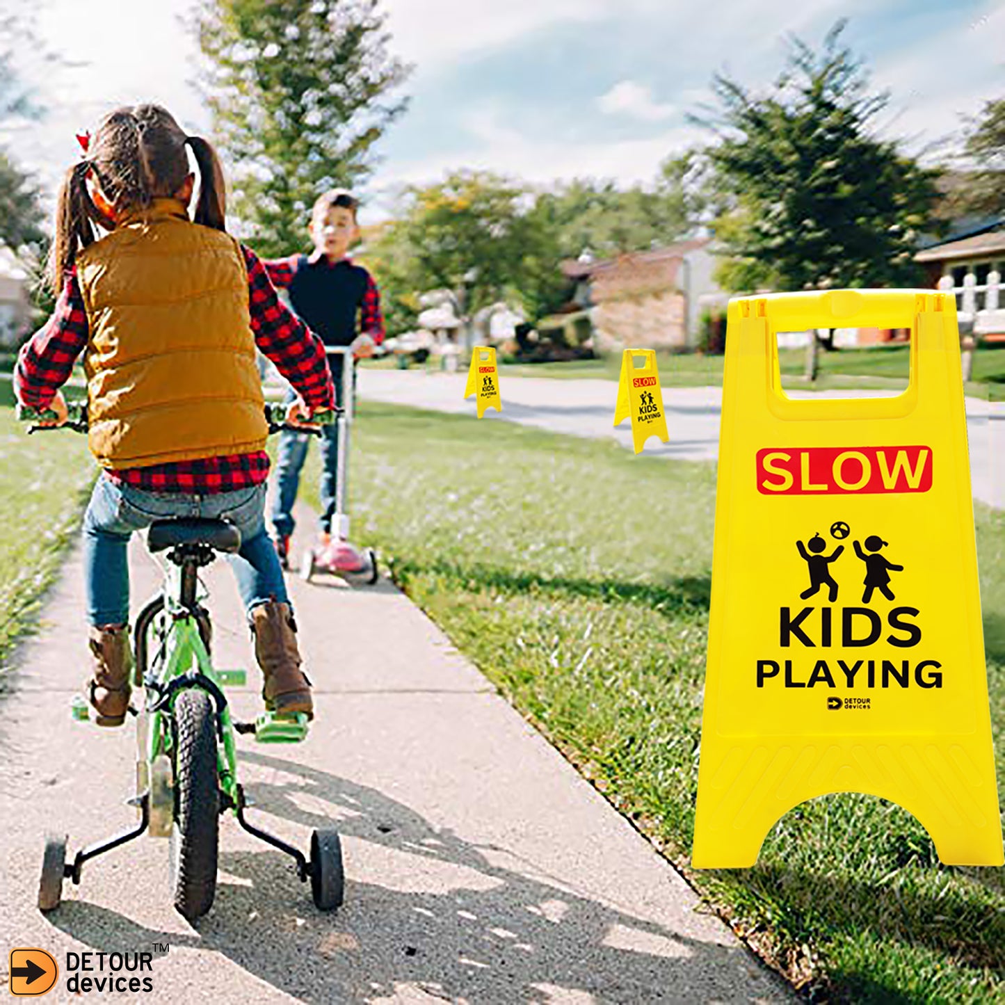 'SLOW Kids Playing' Sign for Street - High Visibility Yellow, Double-Sided Text with Graphics