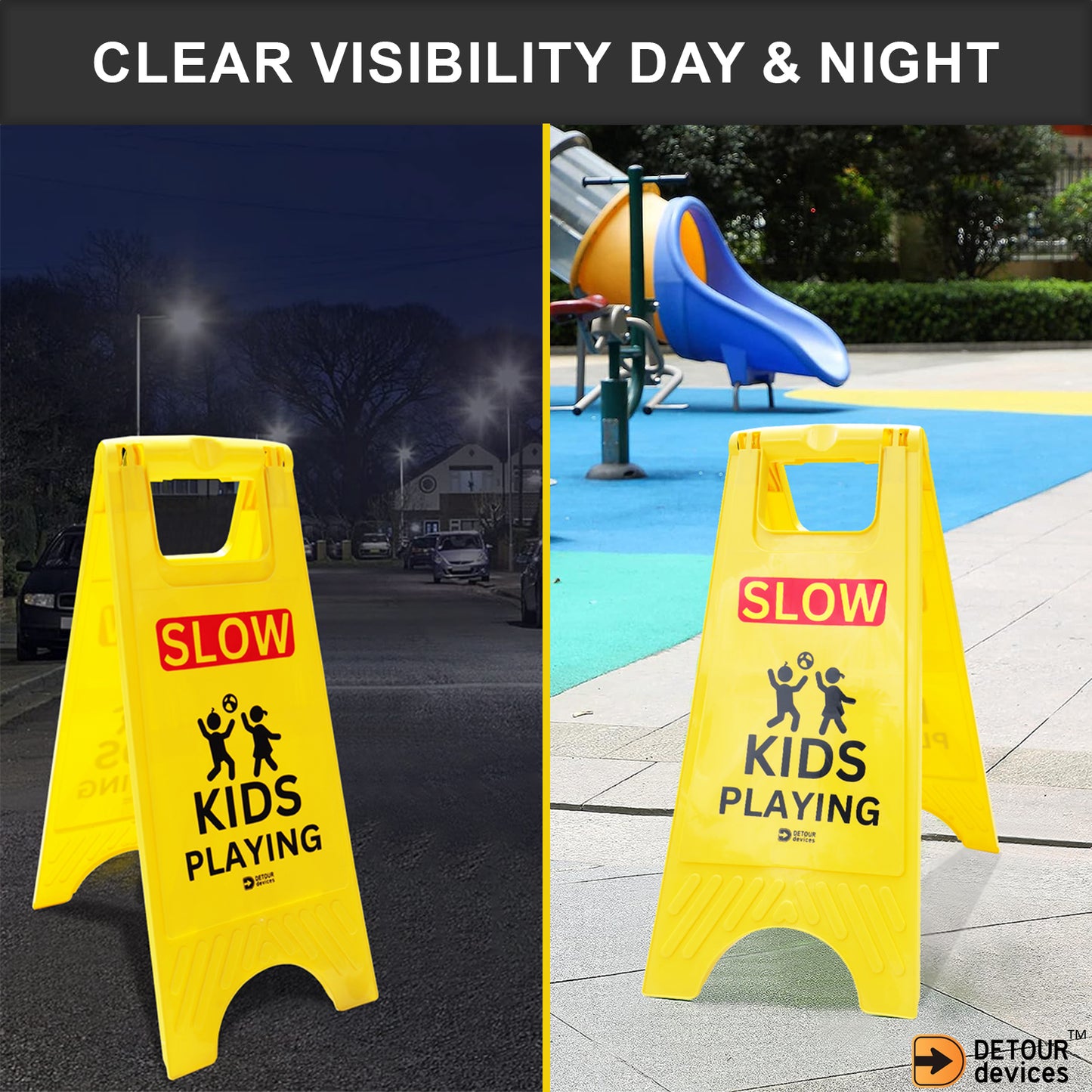 'SLOW Kids Playing' Sign for Street - High Visibility Yellow, Double-Sided Text with Graphics