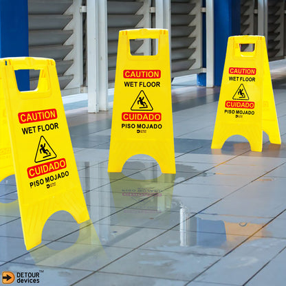 'Caution Wet Floor' Sign - High Visibility Yellow, Bilingual Double-Sided Text with Graphics